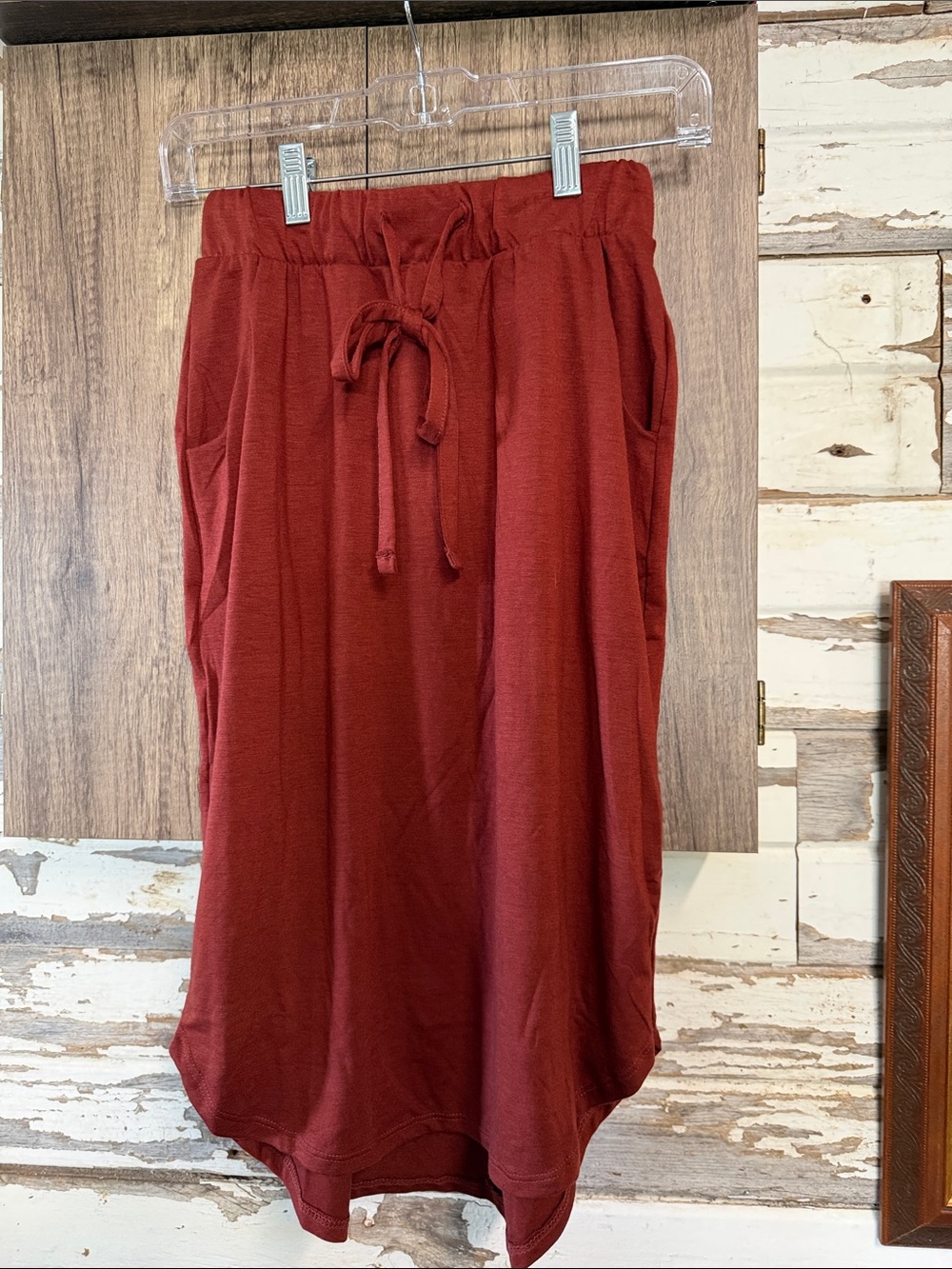 Zenana Outfitters Rust Red Drawstring Midi Skirt